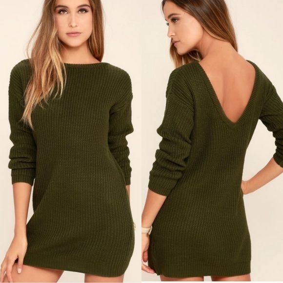 Lulus Dresses & Skirts - Lulus knit olive green sweater dress, v-cut back